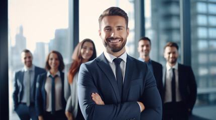 Fototapeta premium Young and successful businessman standing confidently at office