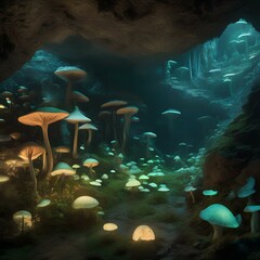 Naklejka na ściany i meble A subterranean cavern filled with phosphorescent fungi, creating a magical, underground garden2