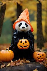 Naklejka premium Beautiful Panda with Halloween costume. Generative AI