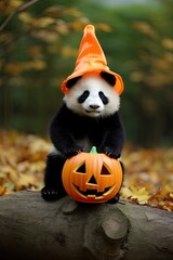 Naklejka premium Beautiful Panda with Halloween costume. Generative AI