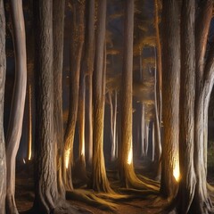 A grove of ancient trees with bark that glows like molten lava, illuminating the night forest4