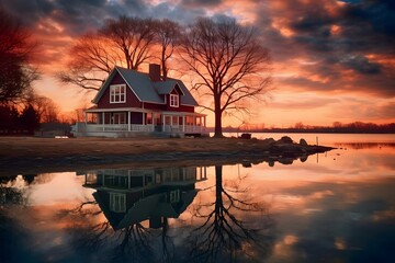 Fototapeta premium Beautiful wooden house on the lake at sunset