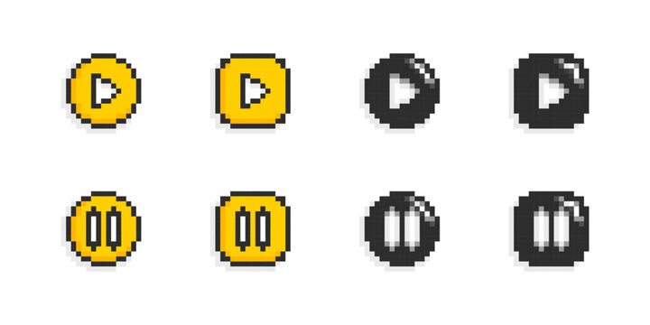 Play and pause button vector pixel style. Media buttons for music and video app.