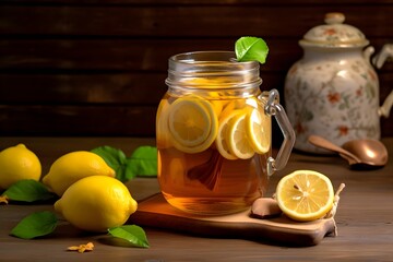 Tea with lemon and mint in a glass jar on a wooden background