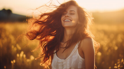 Young happy smiling woman standing in a field with sun shining through her hair