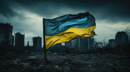 Aftermath of war. Victory flag of Ukraine flying proudly in the wind, against on ruins of destroyed city and buildings. Victory against russian aggression.