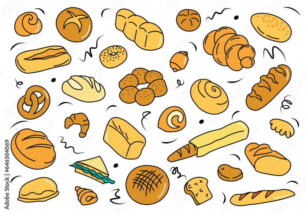 Poster flat cartoon set of breads. an engaging illustration set showcasing an array of bread varieties, eac