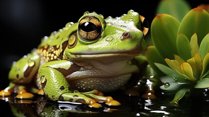 Frog on a lotus leaf with a lake with a darker appearance