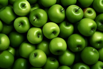 Fresh green apples background, top view