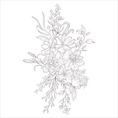 Wedding Bouquet with Cosmos Flowers. Line Art Illustration.