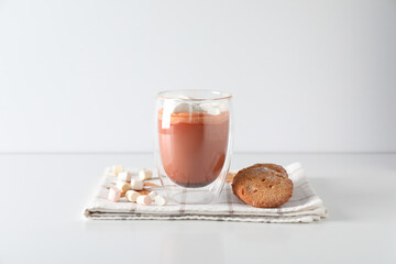 Concept of sweet drink, tasty cocoa drink with marshmallow