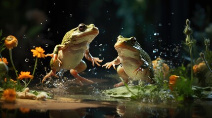 Green frogs are jumping towards the pond