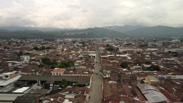 Buga, Valle del Cauca, Colombia. Aerial drone shot over Buga town in Colombia.