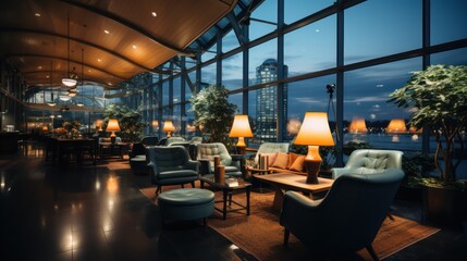 Executive lounge. Business class lounge. International airport interior lounge. Airport VIP lounge.
