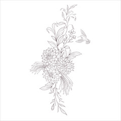 Wedding Bouquet with Dahlia. Line Art Illustration.