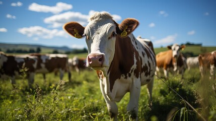 Fototapeta na wymiar Herd of cows on green grass field in summer