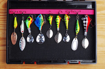 Spinners and tail spinners in a fishing box.