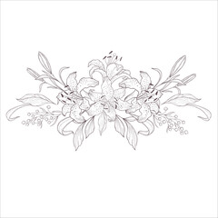 Wedding Bouquet with Lily. Line Art Illustration.