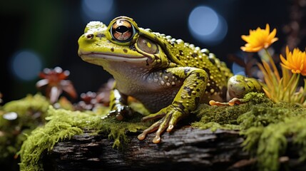 Fototapeta premium Laughing frog on a mossy rock on a darker background