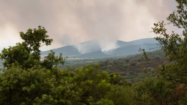 4K Wildfire Timelapse video Smoke Large Brush Fire medium Shot Greece zoom in