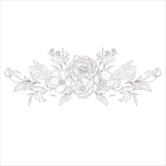 Wedding Bouquet with Wild Rose. Line Art Illustration. - 646305244