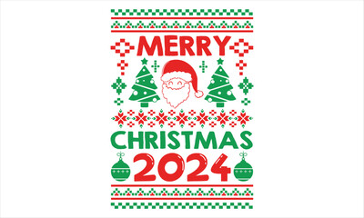 Merry Christmas 2024 - Christmas t shirts design, Hand drawn lettering phrase, Isolated on Black background, For the design of postcards, Cutting Cricut and Silhouette, EPS 10