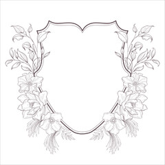Wedding Crest with Flowers and Leaves. Line Art Illustration. - 646305872