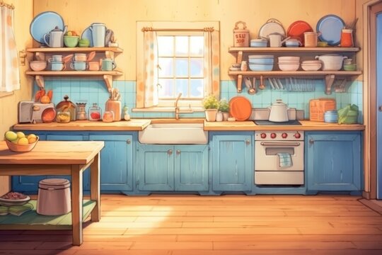A cartoon kitchen with blue cabinets and a stove, AI
