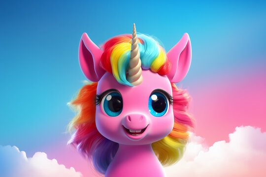 B&eacute;b&eacute; licorne rose &agrave; la crini&egrave;re arc-en-ciel style cartoon &raquo; IA g&eacute;n&eacute;rative
