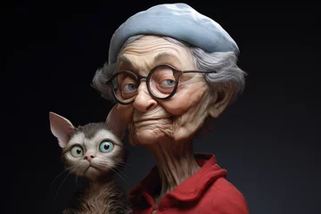 Fotobehang Portrait d'une vieille grand-mère ridée avec son chat style cartoon caricature » IA générative © Maelgoa