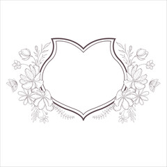 Wedding Crest with Flowers and Leaves. Line Art Illustration.