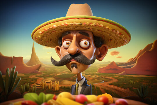 Portrait d'un mexicain moustachu avec son sombrero style cartoon caricature &raquo; IA g&eacute;n&eacute;rative
