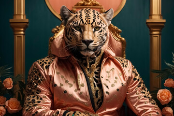 Fototapeta na wymiar Human-like leopard in a peach colored luxurious clothing