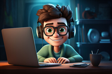 Portrait d'un jeune étudiant devant son ordinateur portable style cartoon caricature » IA...