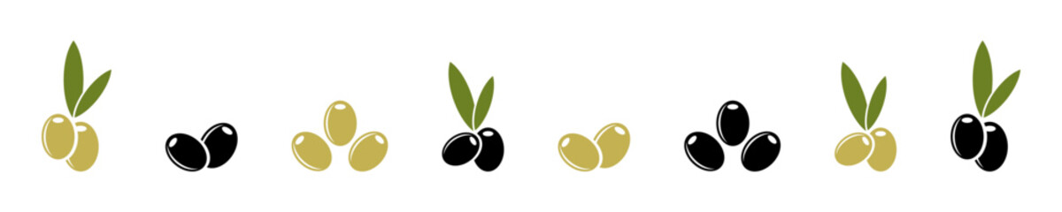 Set of black and green olives vector icons. Olive branch illustration. Olives with leaves.
