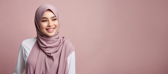 Malay Muslim woman in hijab with pink copy space - obrazy, fototapety, plakaty