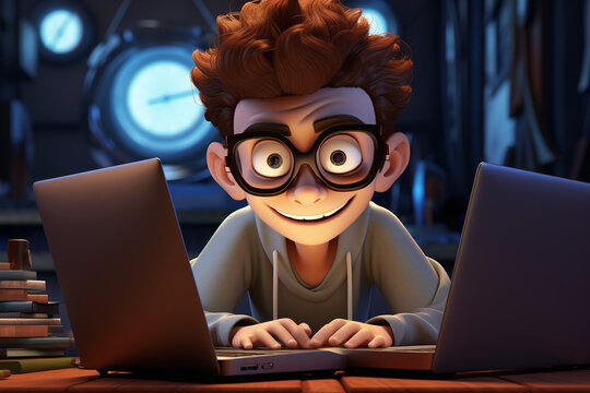 Portrait d'un jeune geek devant des ordinateurs portables style cartoon caricature &raquo; IA g&eacute;n&eacute;rative