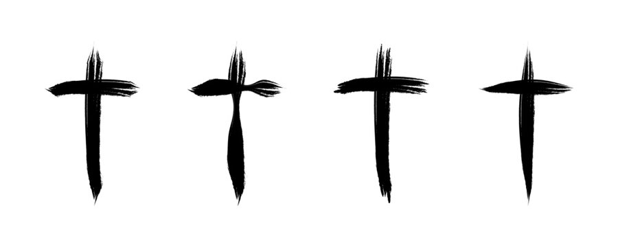 Set of abstract grunge cross vector icons. Black christian religion cross. Hand drawing with brush religious symbol.