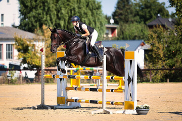 Jumping horse with rider during a tournament jumping over an obstacle of height L, photo from the...