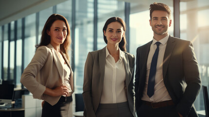 3 office worker standing in powerful pose next to each other, 2 woman 1 men, bright daylight