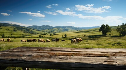 Naklejka premium old wooden table with green meadow and blue sky, cows, bright background