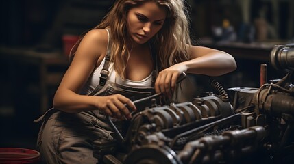 Obraz na płótnie Canvas A woman working on an engine in a garage
