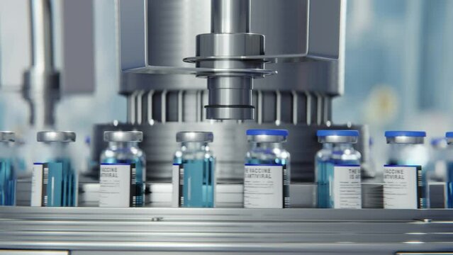 Close-up of Medical Ampoule Production Line at Modern Modern Pharmaceutical Factory. Glass Ampoules are being Filled. Medication Manufacturing Process.