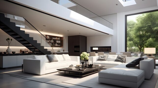 A modern white living room with large windows and minimalist furniture