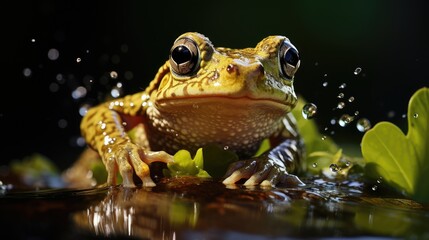 Obraz premium The frog jumps from the bottom to the top of the leaf