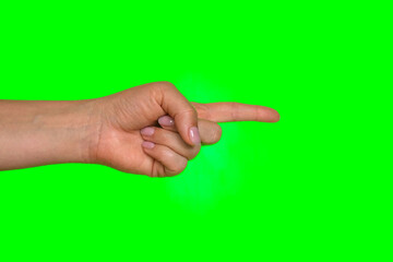 Female Hands pointing at something with index finger Isolated On Green Screen Background. Close Up. Human Hand pointing to side with one finger to front on Chroma Key Screen