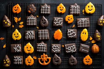 Halloween baking on a kitchen counter, featuring themed cookies and cakes. Generative AI