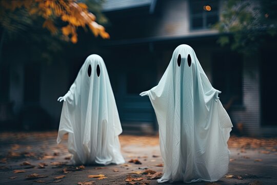 Kids in ghost costumes celebrating halloween. Generative AI