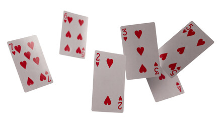 Playing cards for poker, gambling and casinos, red hearts, series flying isolated on white, clipping path