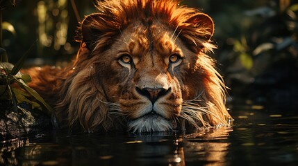 Fototapeta premium The lion looks at his reflection in the water against the backdrop of the jungle